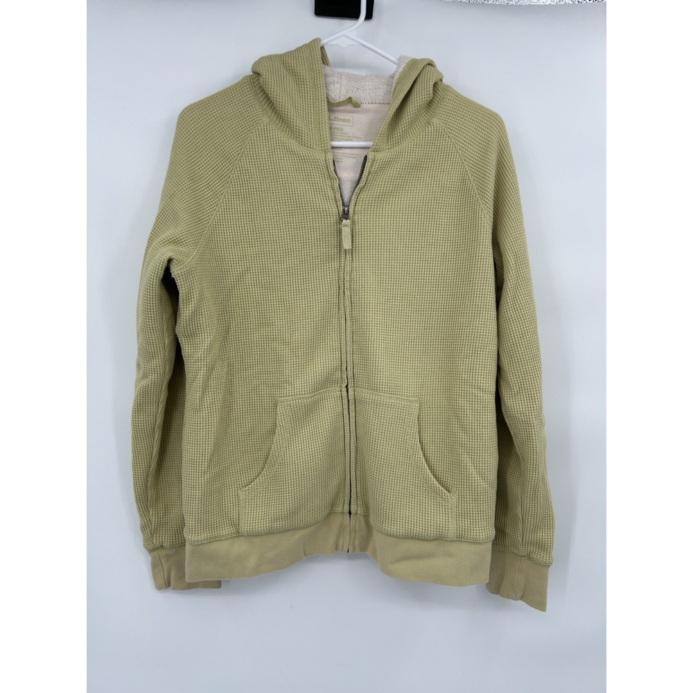 L.L. Bean Womens Waffle Knit Hooded Jacket Size M Green Fuzzy Lined Cozy Casual